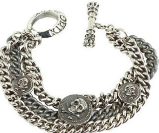 King Baby Jewelry Sterling Silver 3 Chain 3 Vintage Skull Coin Toggle Bracelet