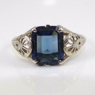 Vintage Antique Art Deco 14k White Gold Blue Sapphire Filigree Ring Size 7 Lfc3