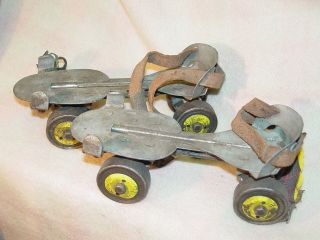Vintage Union Hardware Company Strap On Roller Skates W/ Key Yellow Wheel Hub