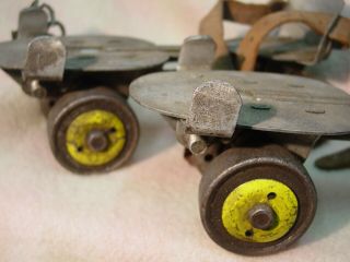 Vintage Union Hardware Company Strap On Roller Skates w/ Key Yellow Wheel Hub 4