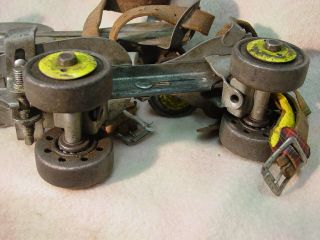 Vintage Union Hardware Company Strap On Roller Skates w/ Key Yellow Wheel Hub 5