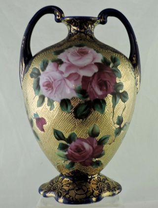Antique Nippon Cobalt Blue Gold Moriage Hand Painted Rose Flower Amphora Vase