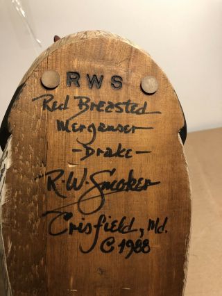 Rich Smoker RW Smoker Duck Decoy Red Breasted Merganser Drake Signed 1988 RWS 5