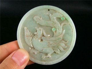 Fine Old Chinese Jadeite Emerald Jade Carve Pendant Netsuke Phoenix