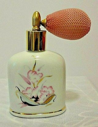 Vintage Royal Porcelain Perfume Atomizer Bottle Gold Gilt Floral Pink Bulb 4.  5 "