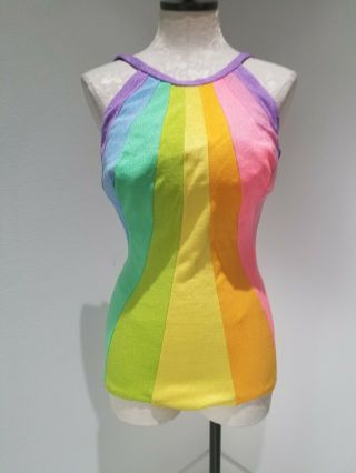 Vintage 1960s Rainbow Swimsuit Deweese Design 16/38 One Piece Bather Multicolor