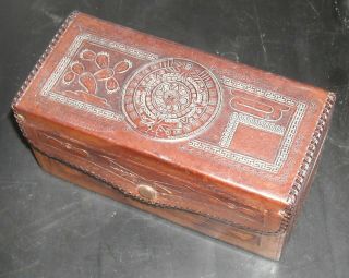 Vintage Mexican Hand Tooled Leather And Wood Jewelry Or Trinket Box