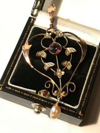 Antique Edwardian 9ct Gold Amethyst And Seed Pearl Pendant P&p