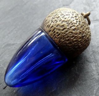 Antique Victorian Cobalt Blue Glass Acorn Brass Pendant For Necklace - N371