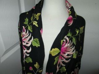 Vintage Black Womens Piano Shawl Scarf Heavily Embroidered A True Beauty