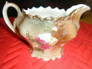 M Z Austria Porcelain Cream Pitcher Brownish/tan With Pink Floral Good Cond