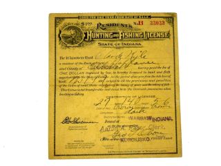 Vintage 1917 Indiana Hunting & Fishing License
