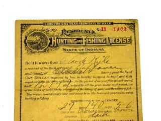 Vintage 1917 Indiana Hunting & Fishing License 2