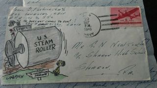 Hand Drawn " Us Steam Roller " Ww Ii Patriotic Postal Cover & Letter