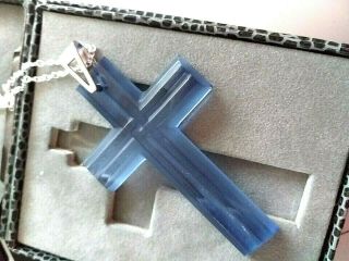 PENDANT LALIQUE VINTAGE LARGE BLUE CRYSTAL CROSS / SILVER HALLMARKED CHAIN 2