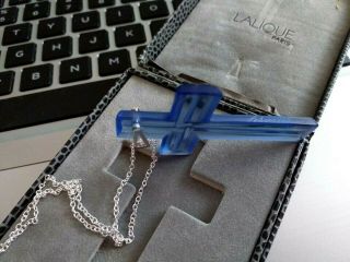 PENDANT LALIQUE VINTAGE LARGE BLUE CRYSTAL CROSS / SILVER HALLMARKED CHAIN 5