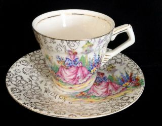 Demitasse Cup And Saucer.  H& K Tunstall.  Crinoline Lady Chintz England.  16 - 4845a.