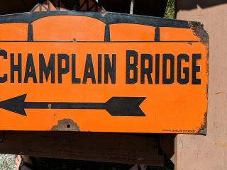 VINTAGE OLD ' LAKE CHAMPLAIN BRIDGE ' PORCELAIN ROAD SIGN RARE LARGE 5