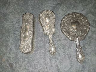 Antique Sterling Silver 3 - Piece Set Gorham 23: Mirror And 2 Brushes