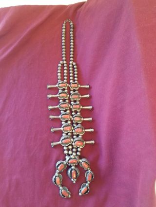 Old Pawn Vintage Navajo Squash Blossom,  Sterling,  Natural Red Coral.  Unique