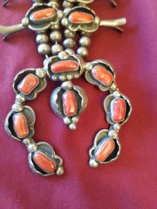 OLD PAWN VINTAGE NAVAJO SQUASH BLOSSOM,  STERLING,  NATURAL RED CORAL.  UNIQUE 2