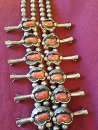 OLD PAWN VINTAGE NAVAJO SQUASH BLOSSOM,  STERLING,  NATURAL RED CORAL.  UNIQUE 3