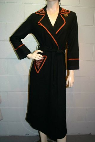 Parkella Robe Art Deco S Black Wool Vtg 1920s 1930s 1940s Dressing Gown 30s 40s