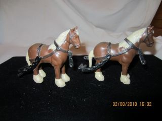 Set Of 2 Vintage Cast Iron Toy Brown Horses In Harness