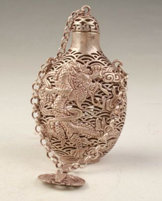 China Tibetan Silver Handmade Hollowed Carving Dragon Snuff Bottle Pendant Gift