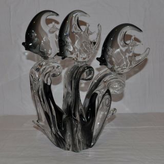 Vintage Murano Style Large Art Glass Sculpture Of Three Angel Fish Swimming Grey