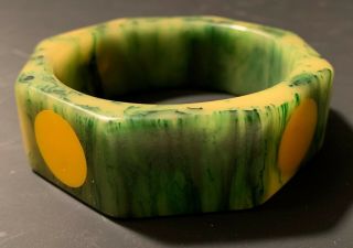 Bakelite Spinach Marbleized Octagonal Bracelet With Yellow Inlaid Dots