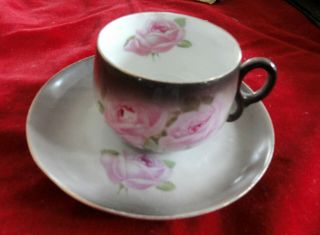 Antique Z.  S.  & Co Bavaria Hand Painted Pink Roses Porcelain Tea Cup & Saucer