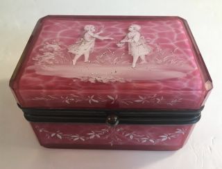 Antique Pink French Glass Enamel Casket Dresser Box Late 19th Century Opaline