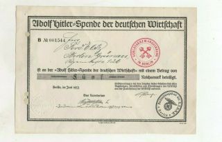 Certificate,  Adolf Hitler,  Berlin June 1933,  Spende D Deutschen Wirtschaft,  Donation