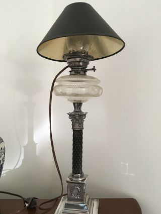 Large Antique Victorian English Silver Corinthian Column Electric Table Lamp