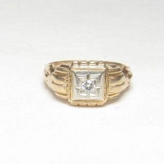 1940s Vintage Mens 14k Yellow And White Gold 0.  08 Ct Brilliant Cut Diamond Ring