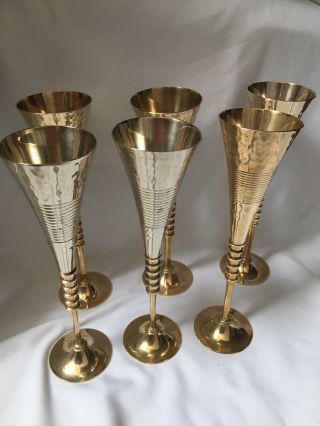 Vintage Brass Hand Hammered Large Champagne Goblets Set Of 6