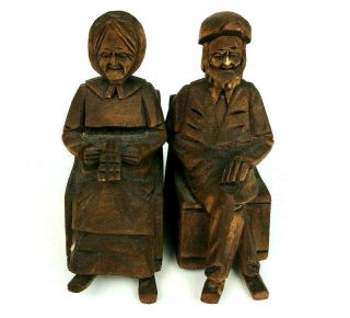 Folk Art Hand Carved Figurine Pair Old Elderly Couple Rocking Chairs