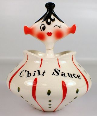 Rare Vtg 1959 Holt Howard Pixieware Ceramic Red Chili Sauce Jar And Spoon