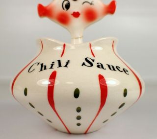 RARE Vtg 1959 Holt Howard Pixieware Ceramic Red CHILI SAUCE Jar and Spoon 3