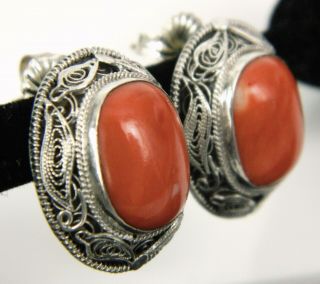 Vintage Old China Coral Filigree Cannetille Scroll 925 Sterling Silver Earrings