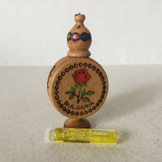 Vintage Bulgarian Small Wooden Perfume Bottle Holder Folk Art With Rose Oil