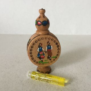 Vintage Bulgarian Small Wooden Perfume Bottle Holder Folk Art With Rose Oil 2