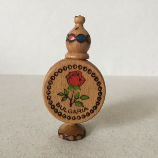 Vintage Bulgarian Small Wooden Perfume Bottle Holder Folk Art With Rose Oil 3
