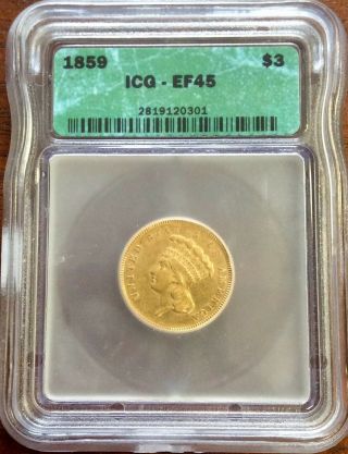 1859 $3 Gold Icg Xf45 Rare