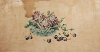 Antique Oil Painting Still Life With Roses And Cherries