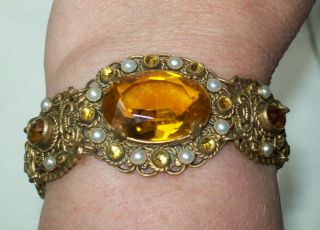 Stunning Antique Jewellery Victorian Czech Brass Filigree Pearl Citrine Bracelet