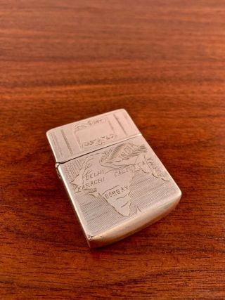 Large Solid Sterling Silver Lighter W/ Hand Engraved Map Of India: No Monogram