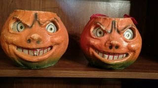 2 Vintage Halloween Paper Mache Pulp Grinning Pumpkin Jack O Lanterns