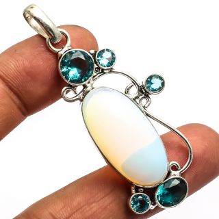 Milky Opal,  Blue Topaz Pendant 925 Sterling Silver Jewelry Jewelry Sz2.  54 "